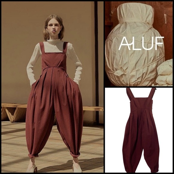 ALUF Brazilian Designer Docs Burgundy Pleated Barrel Leg Cottagecore Jumpsuit M - Picture 1 of 16